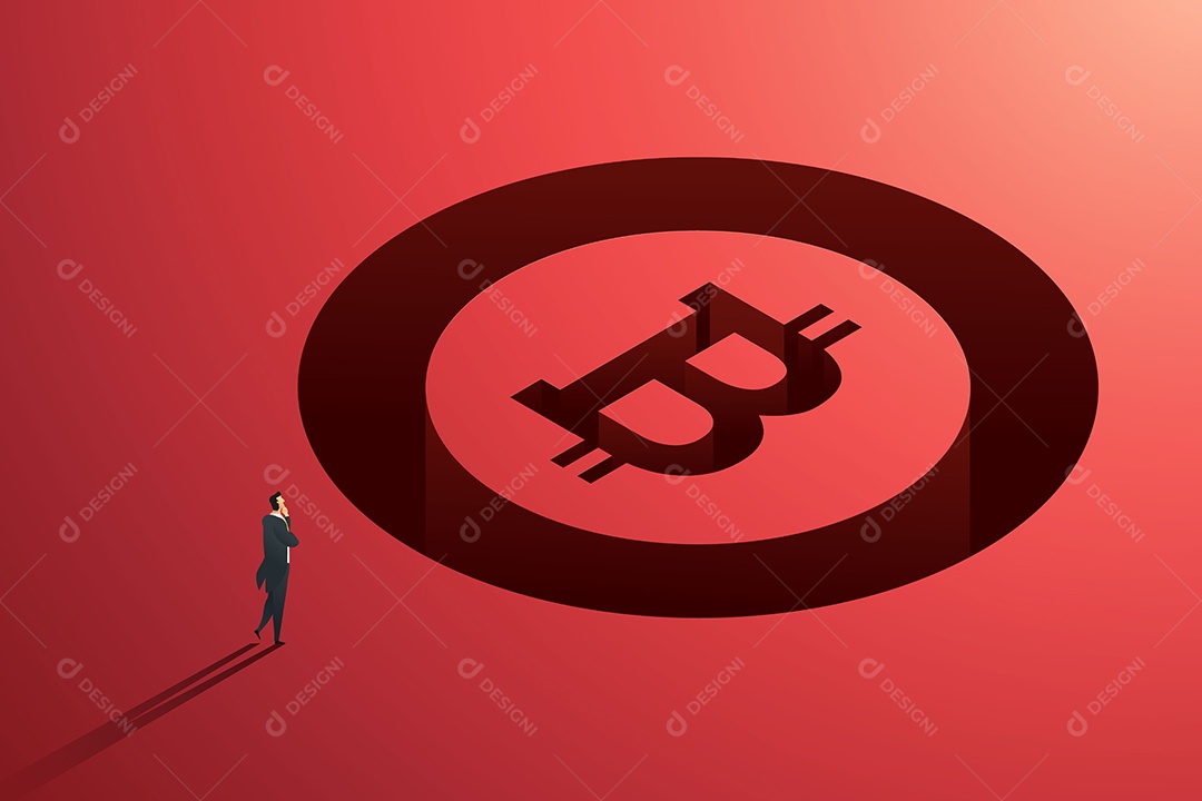 Empresário em frente ao token bitcoin gigante Ilustração Vetor EPS