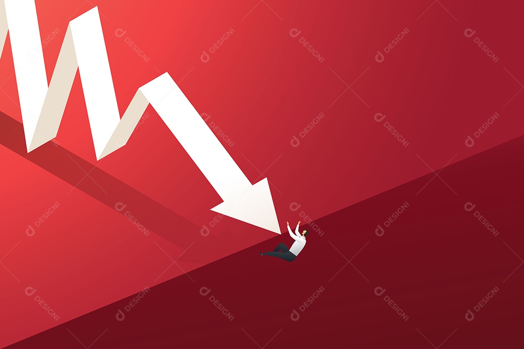 Gráfico de seta para baixo empurrando um empresário de um penhasco Ilustração Vetor EPS