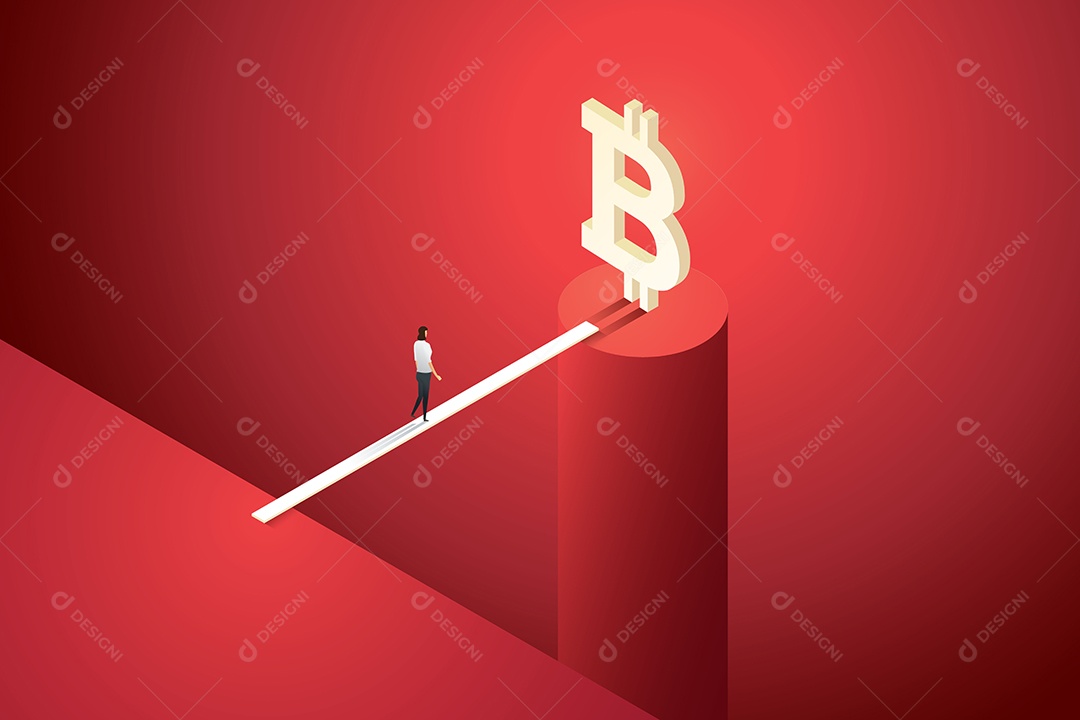 A Empresária caminha até uma ponte de madeira na beira de um penhasco com um token gigante de bitcoin Ilustração Vetor EPS