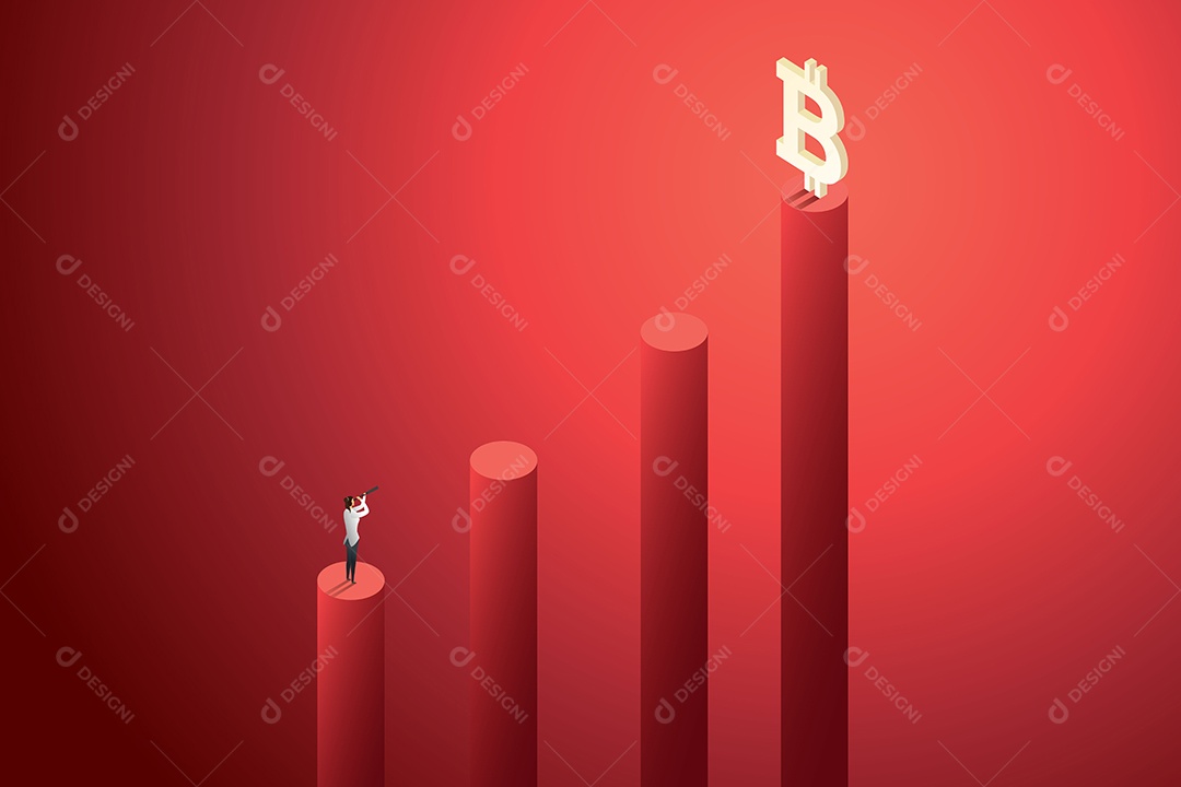 Empresária Usando binóculos veja o bitcoin como um investimento Ilustração Vetor EPS