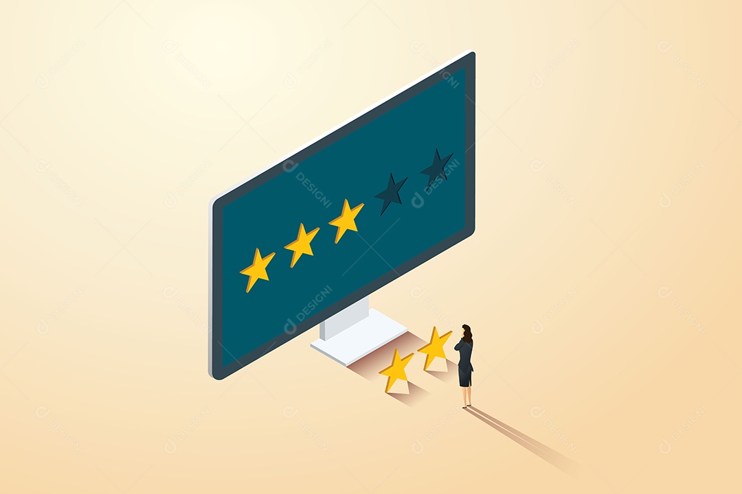 Uma empresária daria uma classificação avaliação satisfação ou não de cinco estrelas na tela do computador Ilustração Vetor EPS