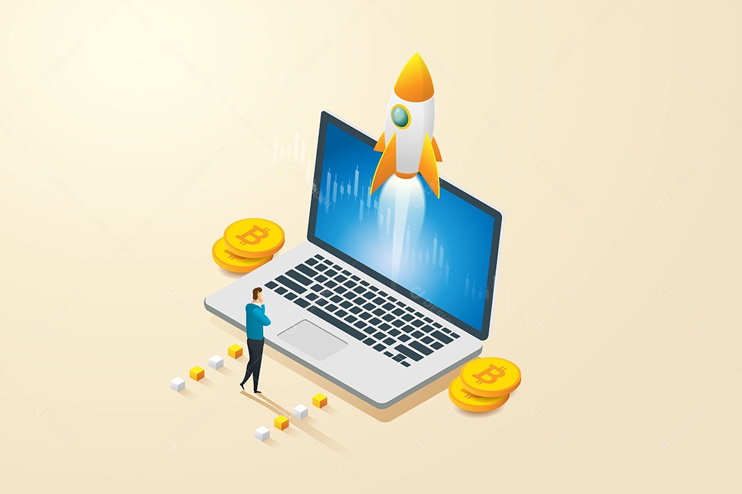 Empresário assistindo foguetes decolar do laptop Ilustração Vetor EPS