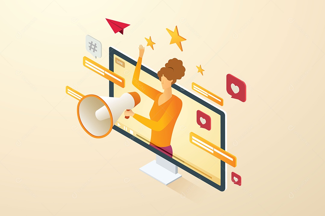 Mulher com megafone promovendo mídias sociais com streaming de vídeo ao vivo Ilustração Vetor EPS