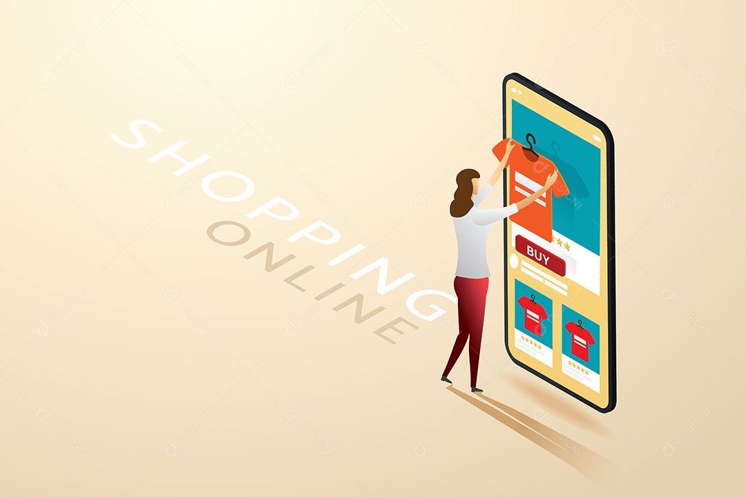 Mulher jovem fazendo compras on-line por meio do aplicativo de telefone Compras na loja online Ilustração Vetor EPS