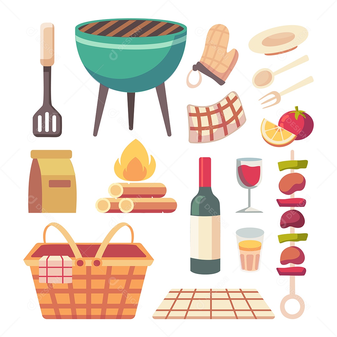 Conjunto de Piquenique e Churrasco Ilustração Vetor EPS