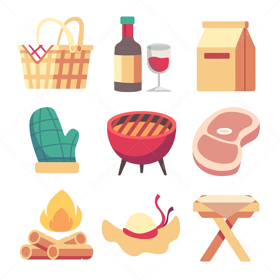 Conjunto de Piquenique e Churrasco Ilustração Vetor EPS