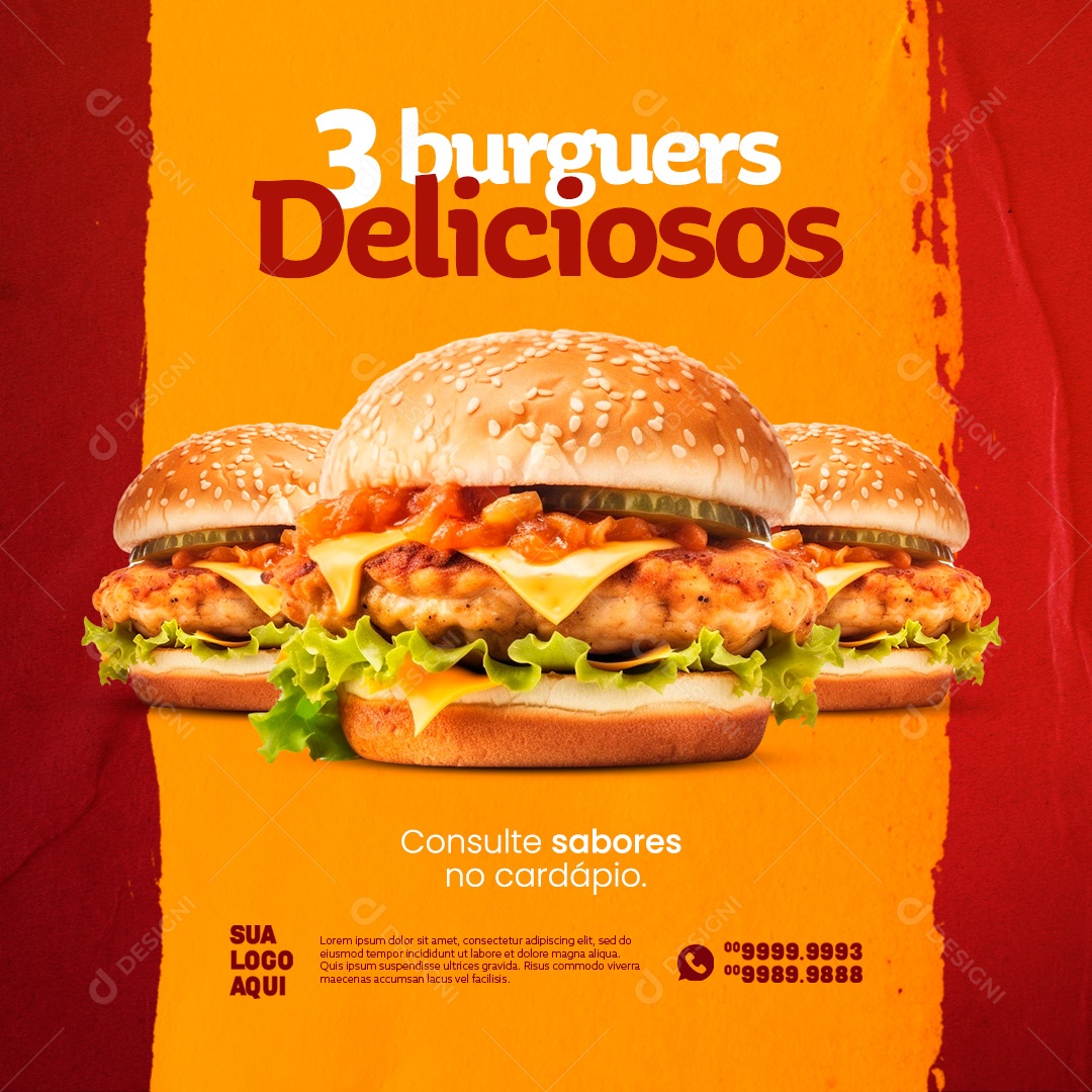 Social Media 3 Burguers Desliciosos Social Media PSD Editável