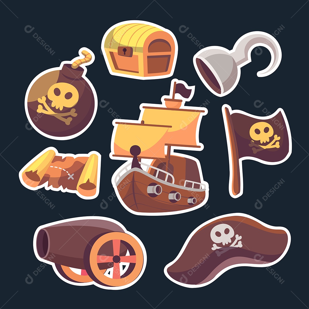 Conjunto de Elementos de Jogos de Piratas Ilustração Vetor EPS