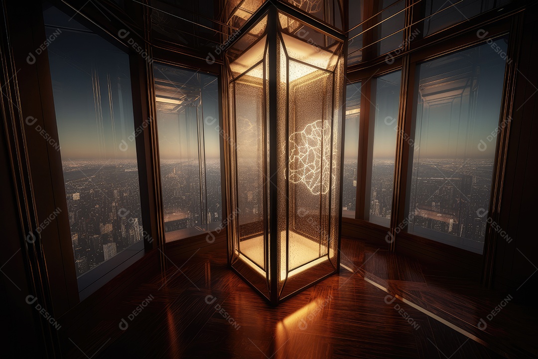Elevador de luxo panorâmico em um arranha-céu.