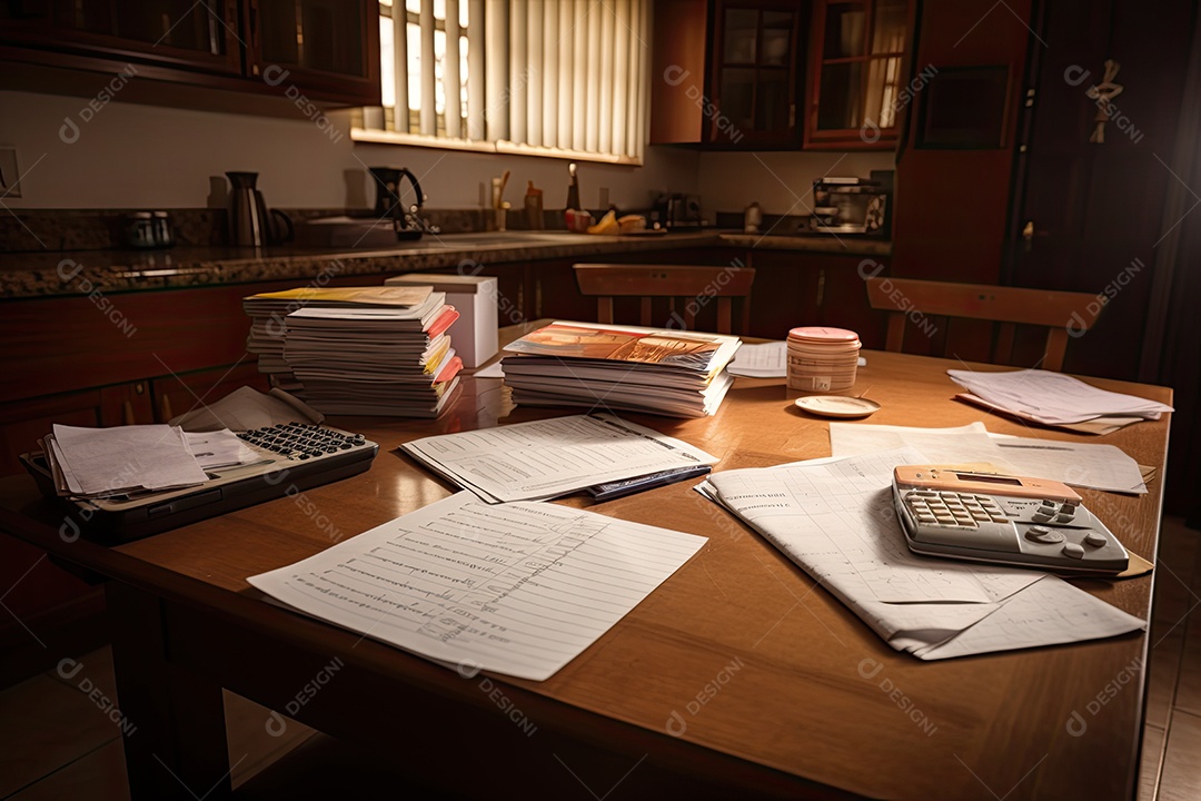 Mesa cheia de contas e documentos que representam despesas familiares.