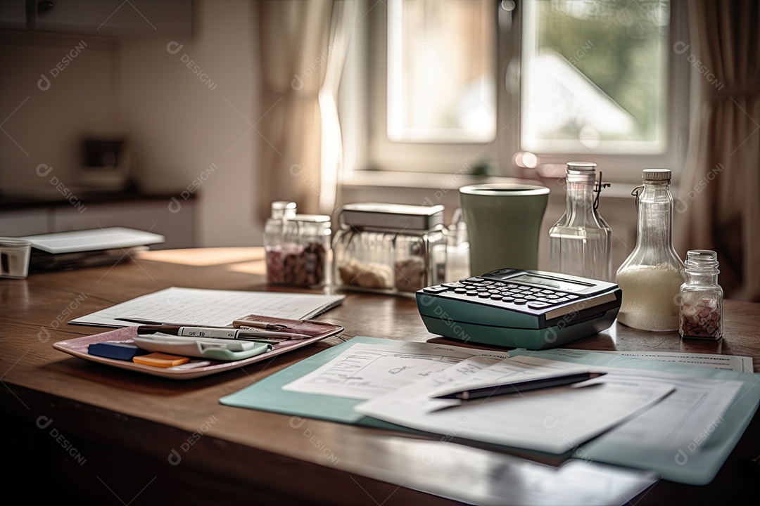 Mesa cheia de contas e documentos que representam despesas familiares.