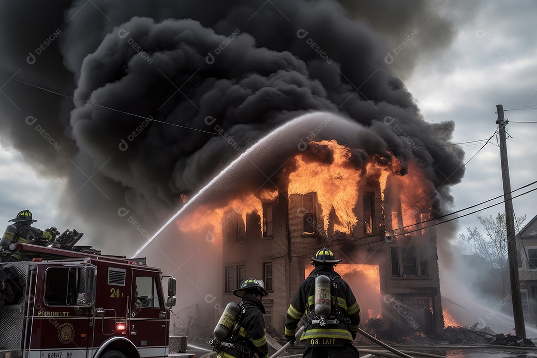 Bravos bombeiros enfrentam um incêndio implacável.