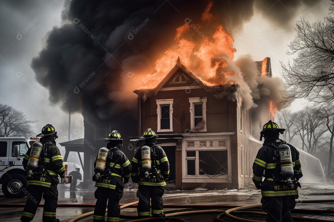 Bravos bombeiros enfrentam um incêndio implacável.