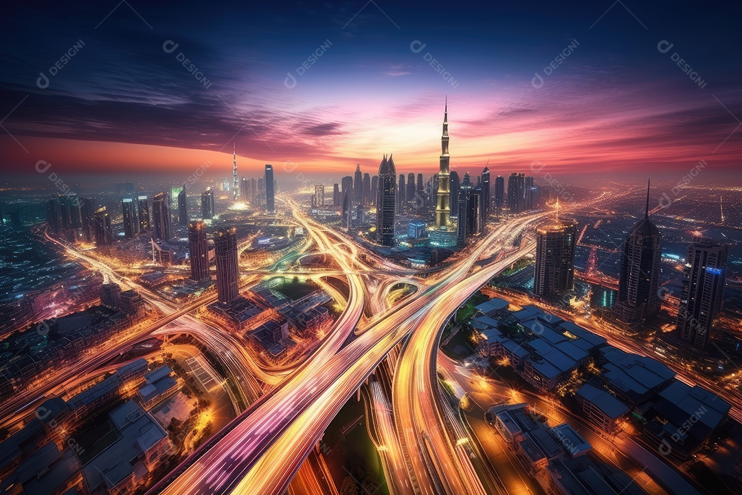 Cidade moderna em harmonia com a natureza: arranha-céus, parques e rios. Pôr do sol mágico.