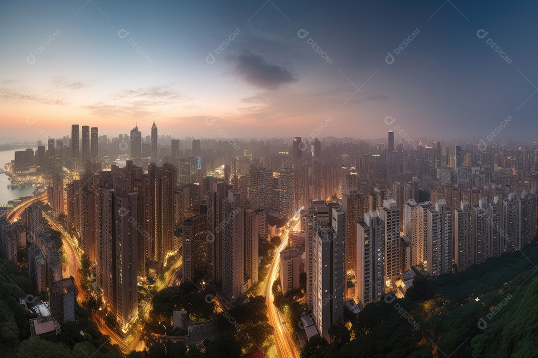 Cidade moderna em harmonia com a natureza: arranha-céus, parques e rios. Pôr do sol mágico.