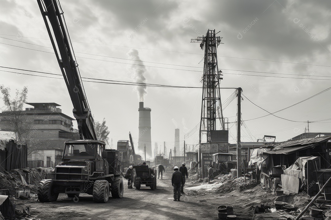 Vizinhança industrial ocupada com chaminés, máquinas e trabalhadores.