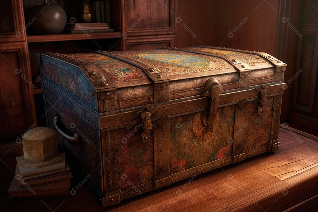Baú antigo revela tesouros brilhantes e mapas secretos.