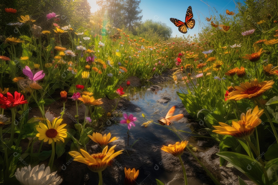 Jardim mágico: Flores dançantes, borboletas e riacho sereno.