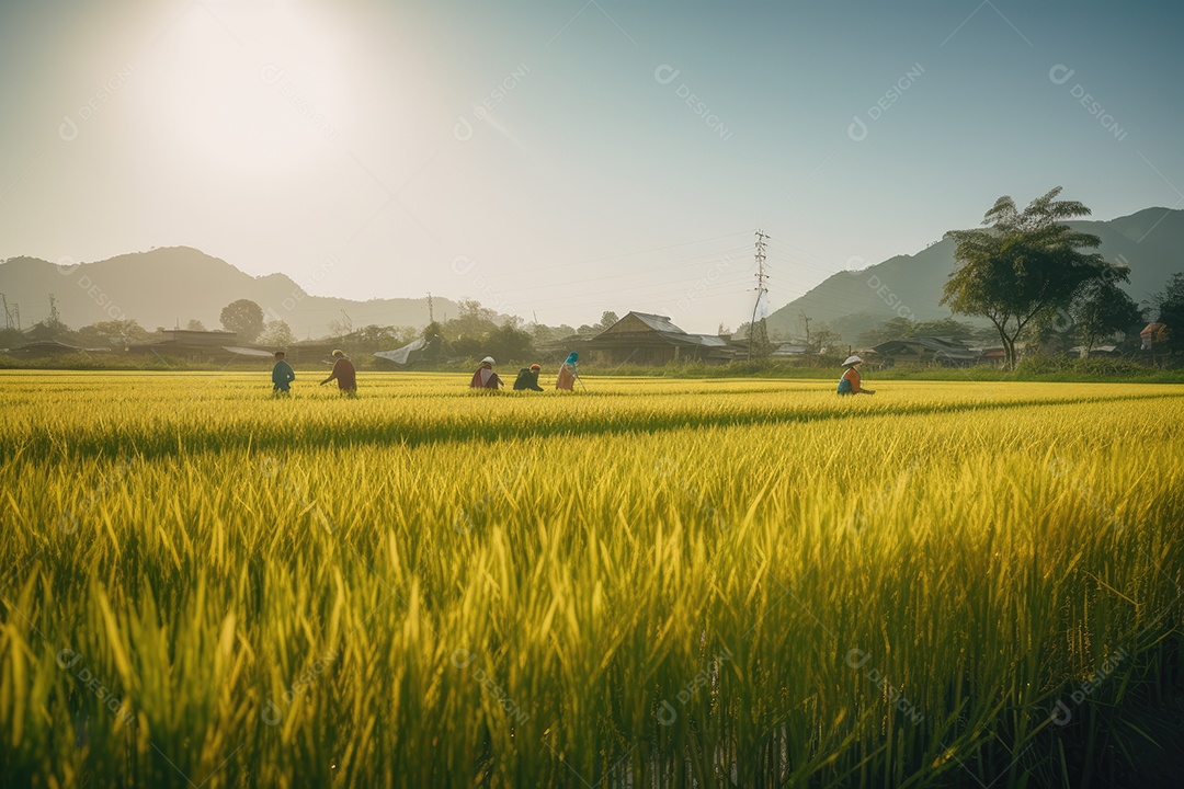 Campos de arroz dourado e fazenda em cena bucólica.