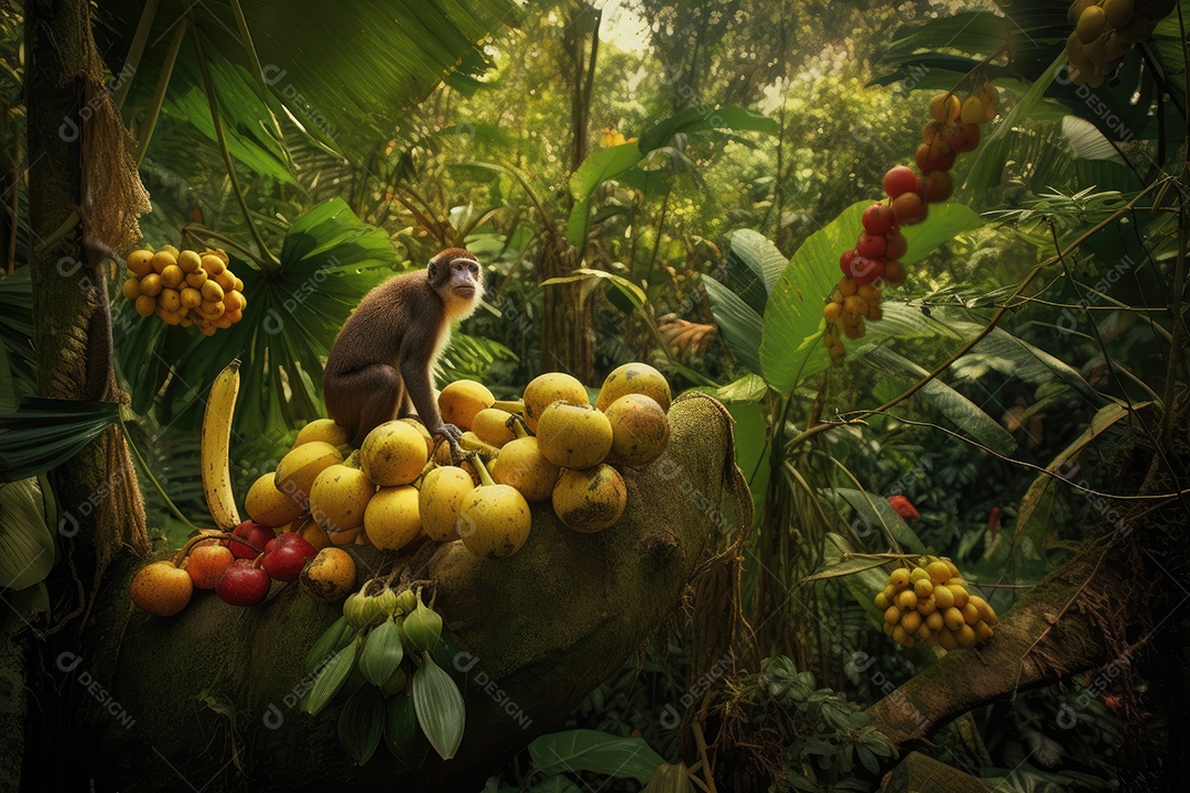Macaco sorridente na selva cheia de bananas maduras.