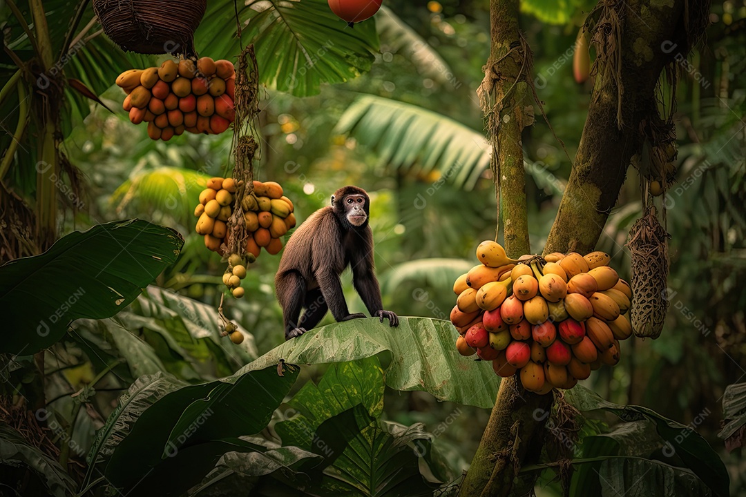 Macaco sorridente na selva cheia de bananas maduras.
