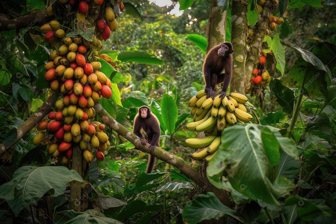 Macaco sorridente na selva cheia de bananas maduras.
