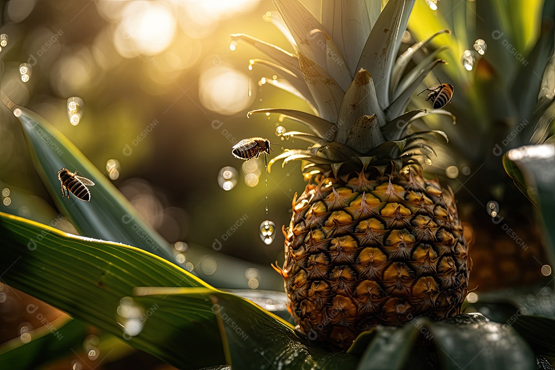 Plantação do abacaxi na luz do sol brilhante; frutas douradas, borboletas e abelhas.