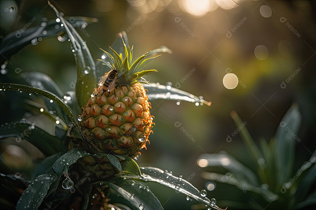 Plantação do abacaxi na luz do sol brilhante; frutas douradas, borboletas e abelhas.