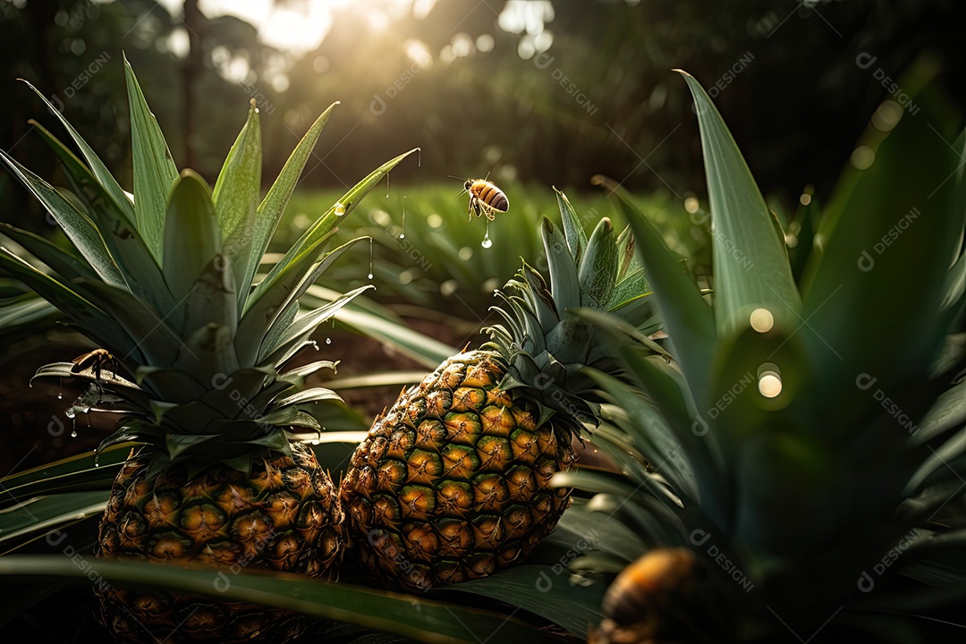 Plantação do abacaxi na luz do sol brilhante; frutas douradas, borboletas e abelhas.