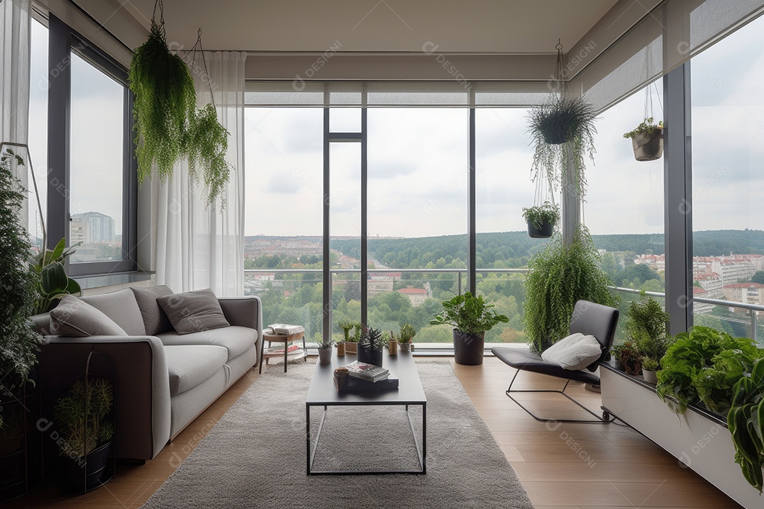Apartamento moderno e elegante com vistas panorâmicas urbanas.