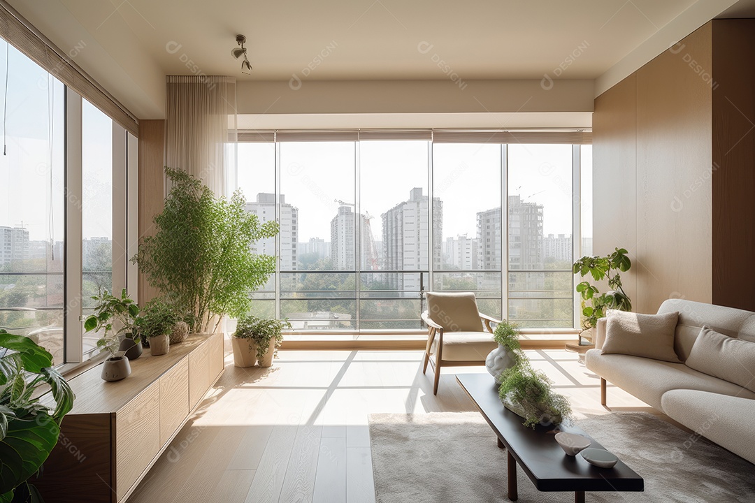 Apartamento moderno e elegante com vistas panorâmicas urbanas.