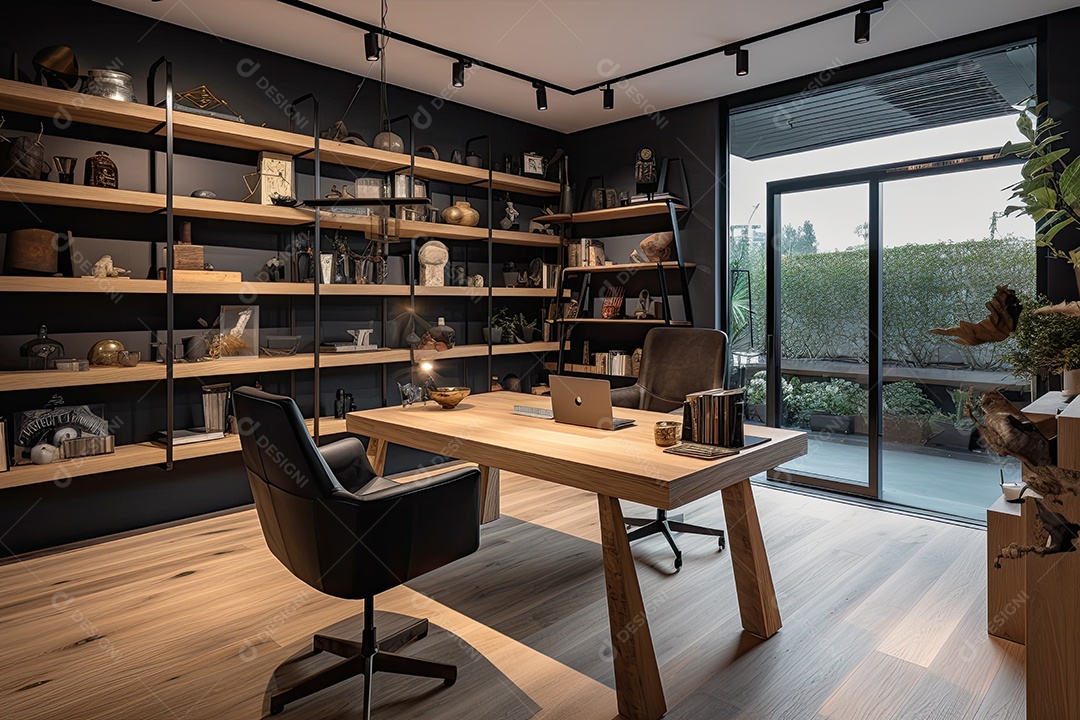 Escritório minimalista moderno, vista urbana, design elegante.