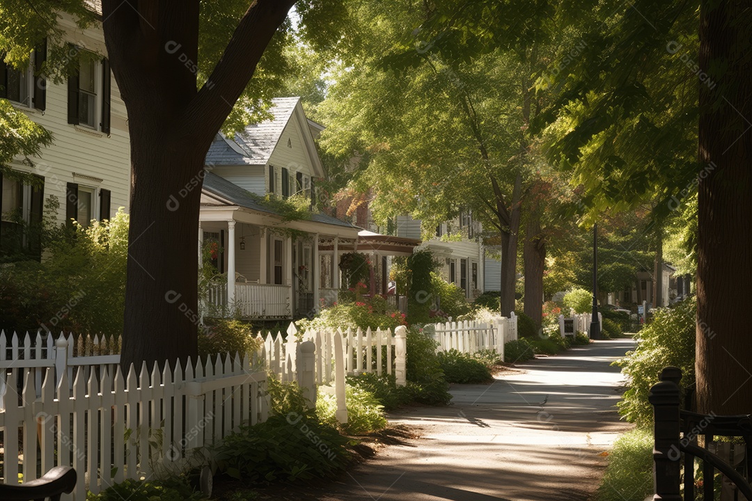 Bairro residencial idílico: casas charmosas, crianças brincando e montanhas ao fundo.