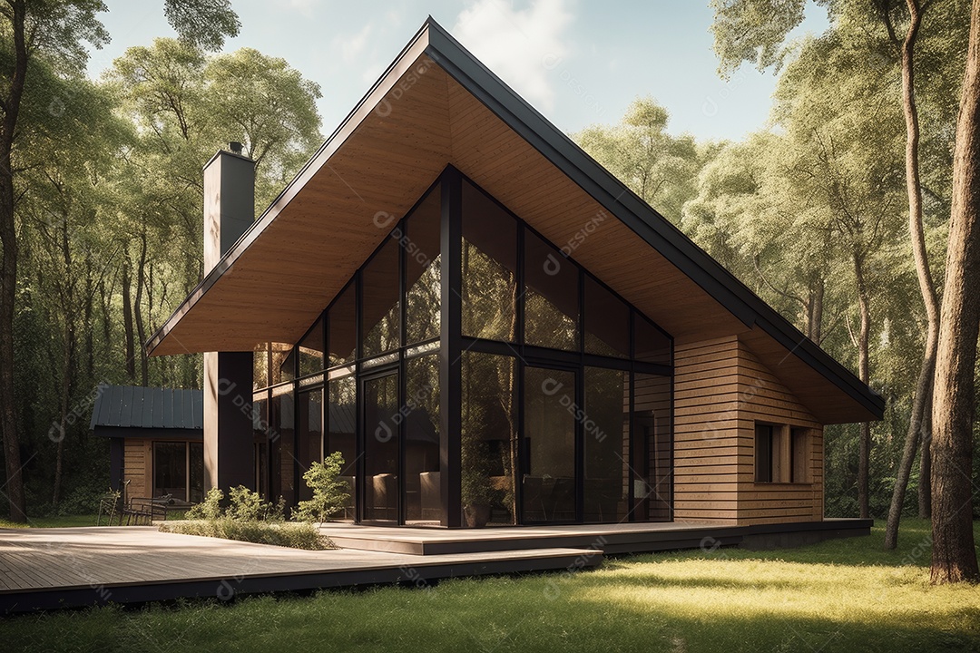 Casa de madeira moderna em ambiente natural sereno.