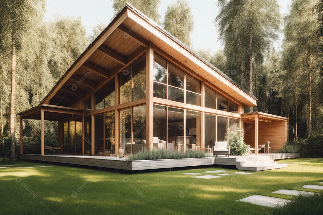 Casa de madeira moderna em ambiente natural sereno.