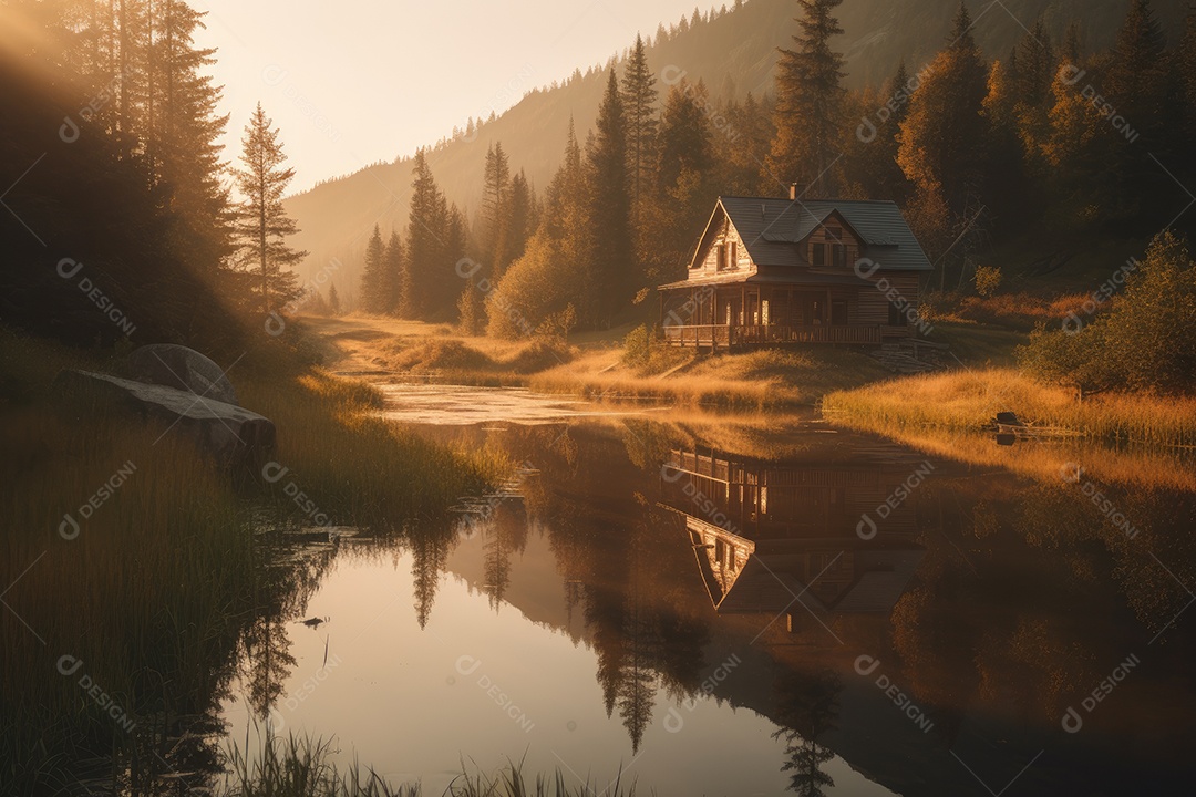 Reflexão serena: casa rústica à beira do lago, montanhas ao fundo.