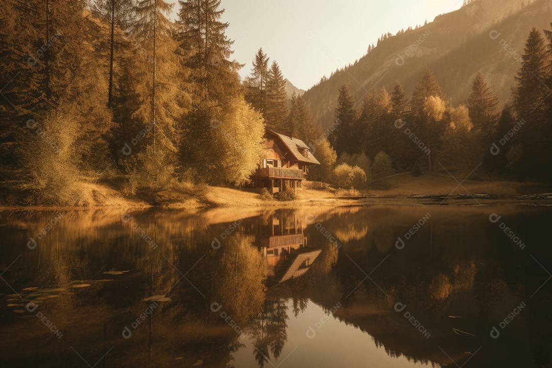 Reflexão serena: casa rústica à beira do lago, montanhas ao fundo.