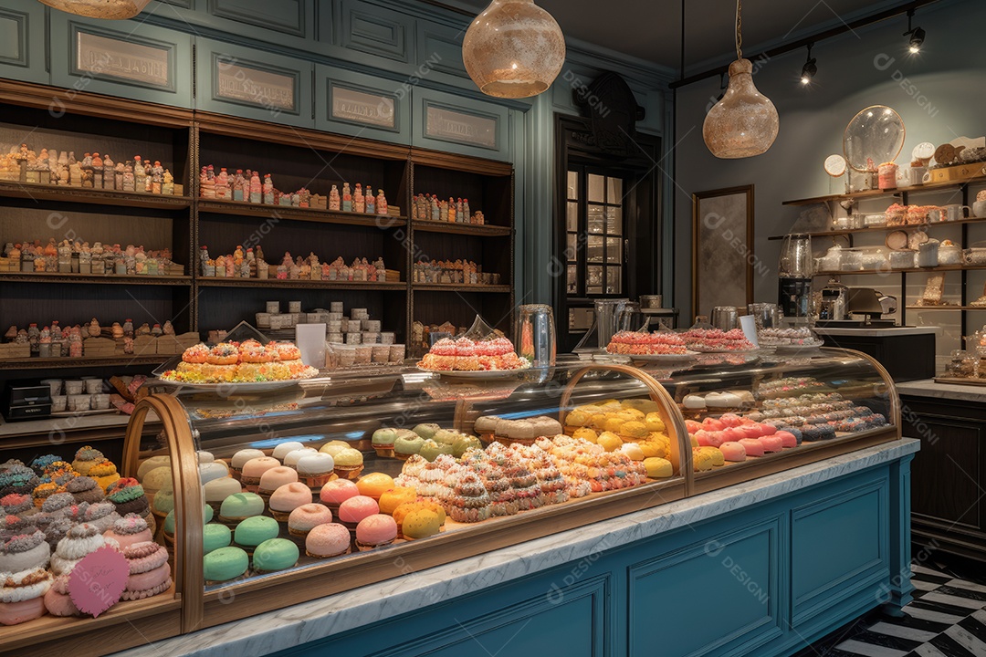 Charmosa confeitaria com cupcakes coloridos e doces artesanais. Aroma irresistível.