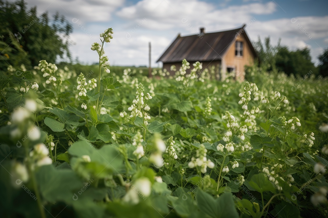 Cama verde de ervilhas, casa de campo rústica ao fundo.