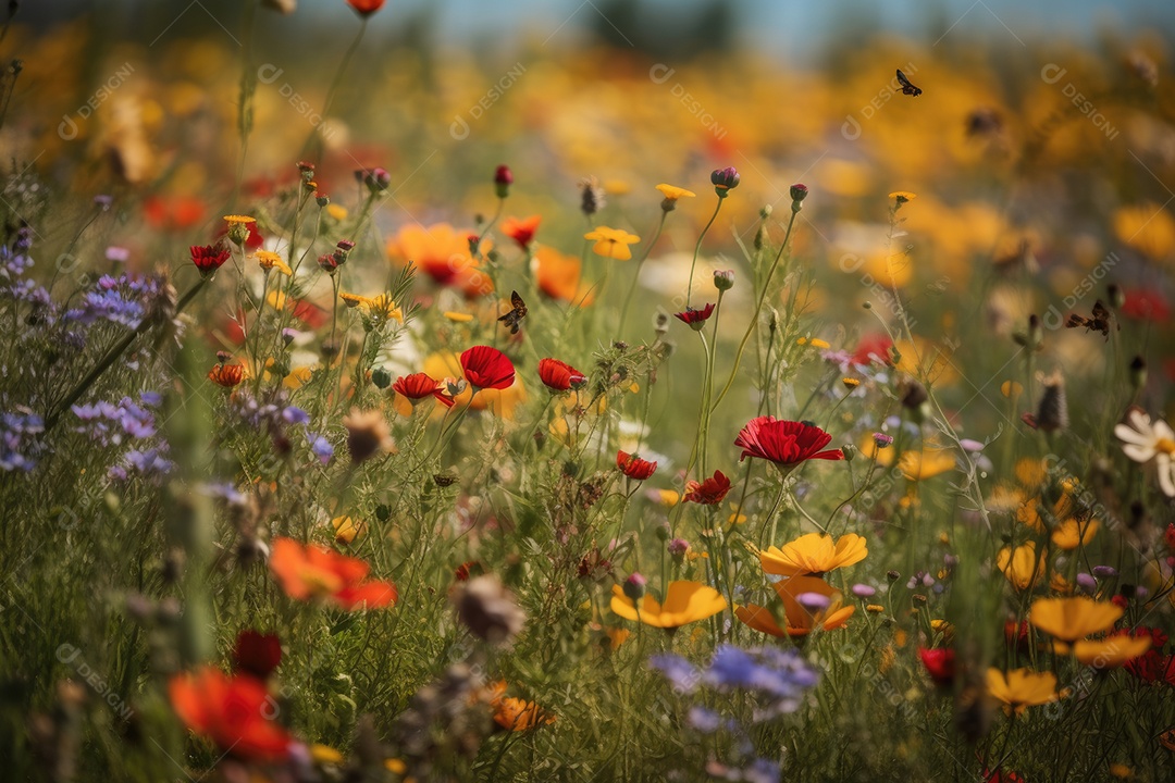 Campo florido: explosão de cores naturais com abelhas e borboletas dançando entre as flores.