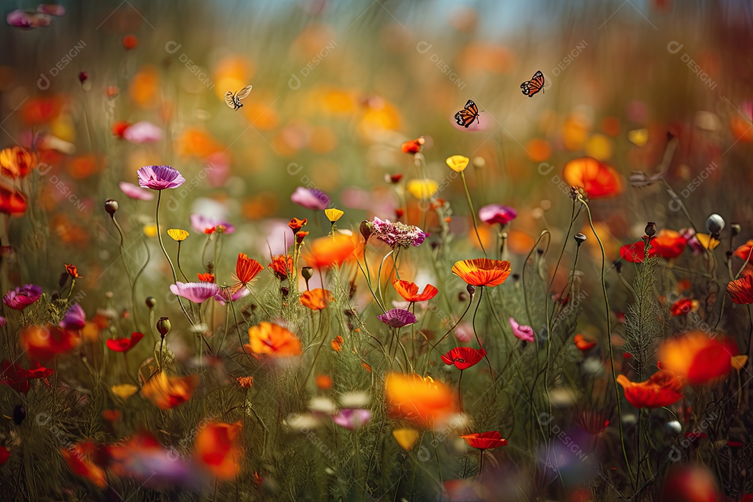 Campo florido: explosão de cores naturais com abelhas e borboletas dançando entre as flores.