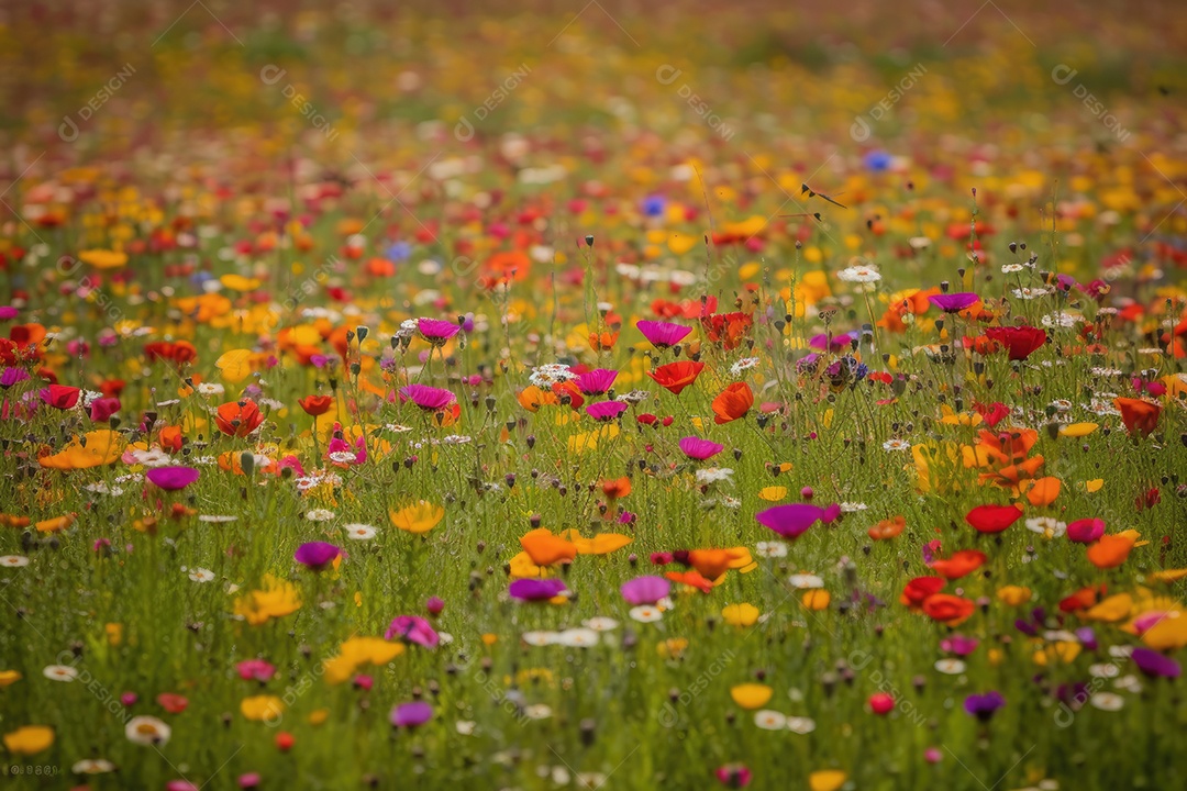 Campo florido: explosão de cores naturais com abelhas e borboletas dançando entre as flores.