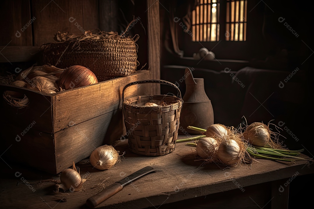 Cebola do campo colhida, rústica e detalhada.