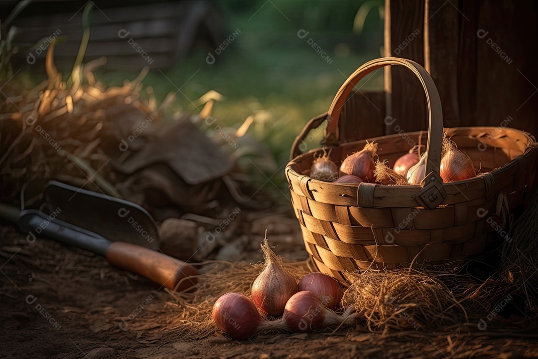 Cebola do campo colhida, rústica e detalhada.