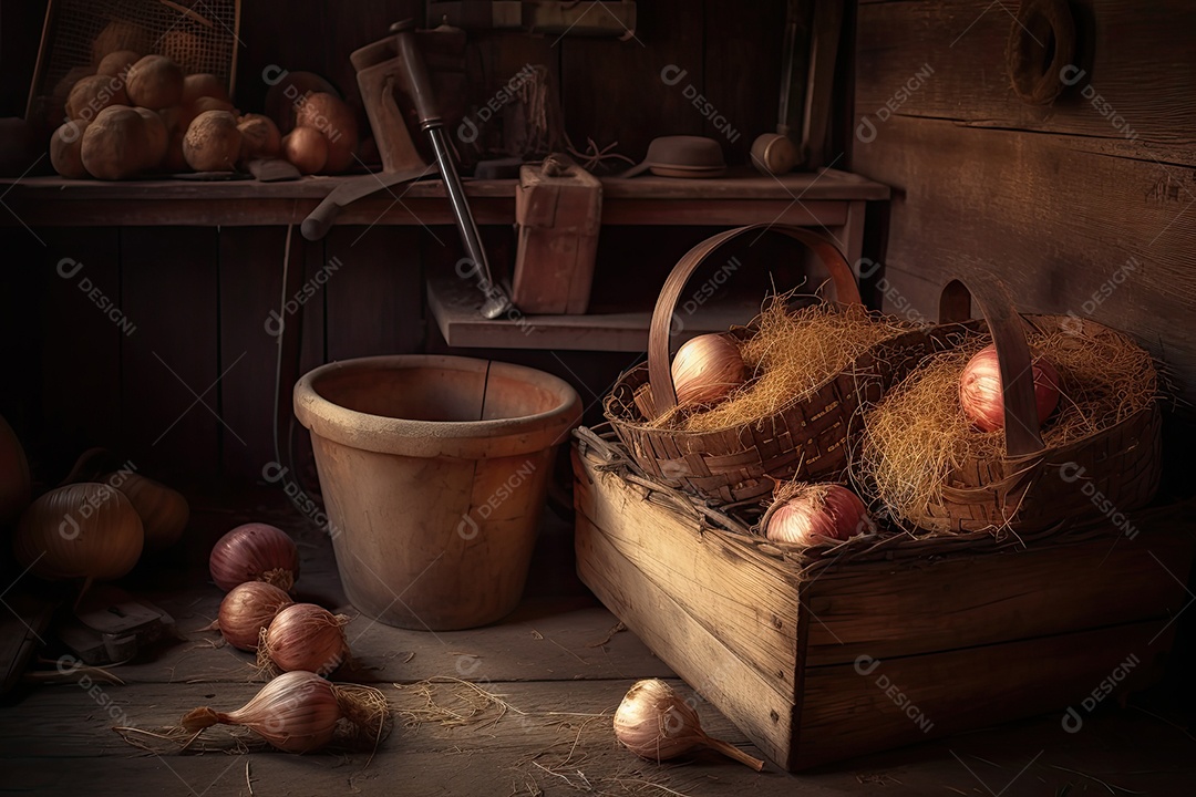 Cebola do campo colhida, rústica e detalhada.