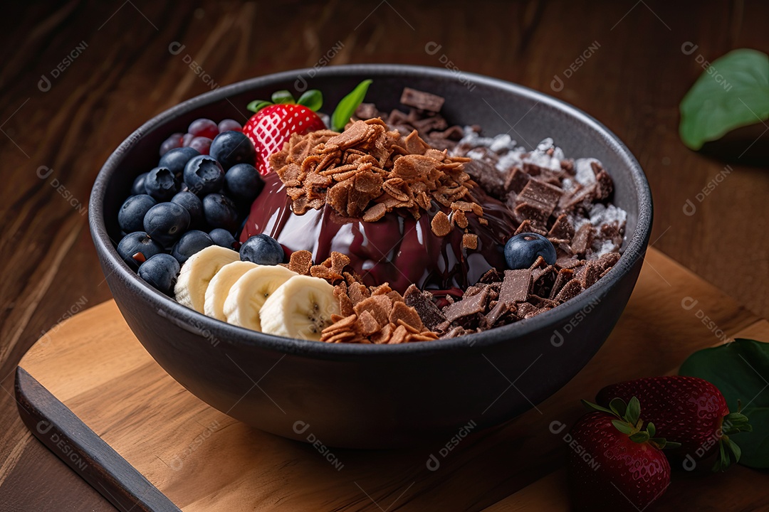 Tigela de açaí com frutas e calda de chocolate