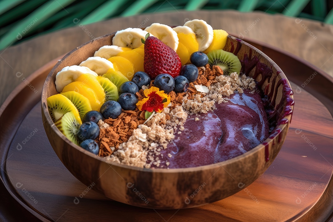 Tigela de açaí com frutas e calda de chocolate.