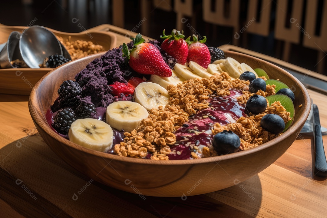 Tigela de açaí com frutas e calda de chocolate.