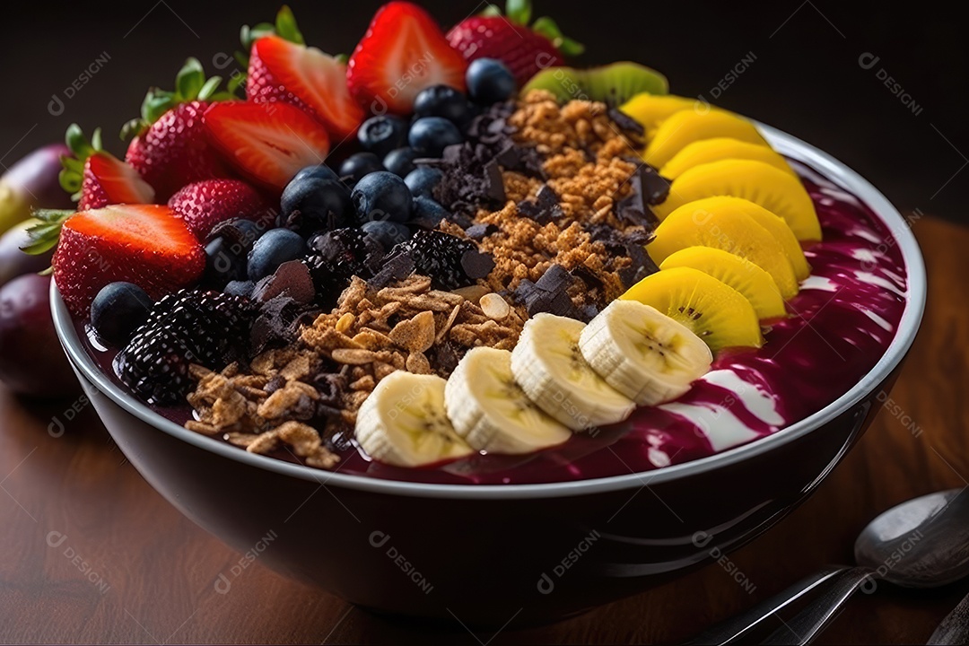 Tigela de açaí com frutas e calda de chocolate.