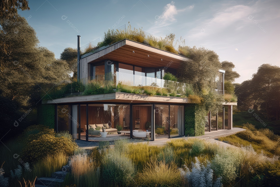 Casa solar cercada por uma natureza verde exuberante e energia limpa.